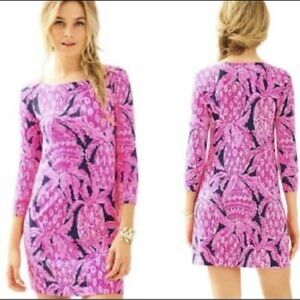 Lilly Pulitzer Sophie Dress 3/4 Sleeves Bright Pink & Navy in Coco Safari Sz Sml